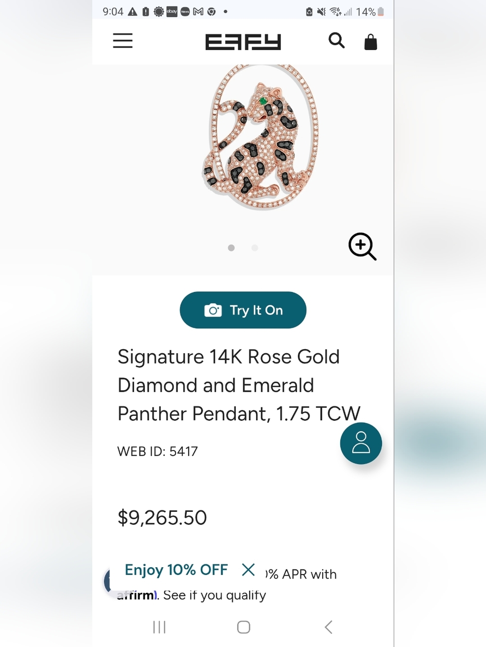 Effy Rose Gold Panther Pendant with Black Spots and Emerald Eyes